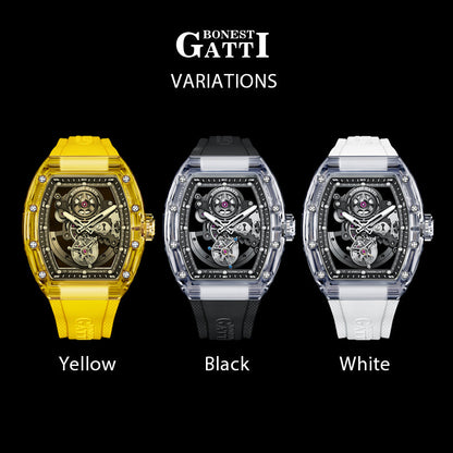 BONEST GATTI Tourbillon K9 Crystal Transparent Case Tonneau watch Skeleton Movement  Watch Fluororubber Strap BG7001 - Top G Watches
