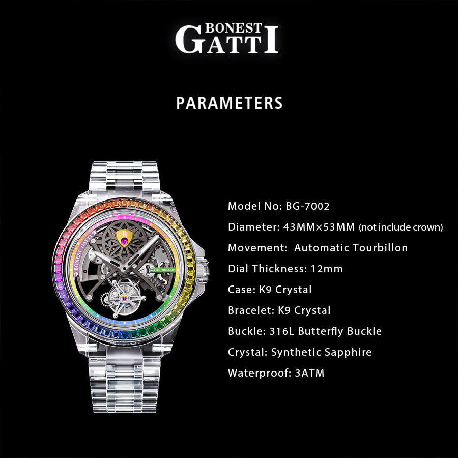 Bonest Gatti BG7002 Rainbow Tourbillon – Transparent K9 Crystal Masterpiece Watch - Top G Watches