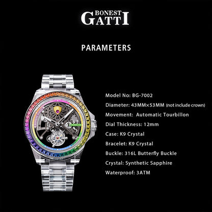 Bonest Gatti BG7002 Rainbow Tourbillon – Transparent K9 Crystal Masterpiece Watch - Top G Watches