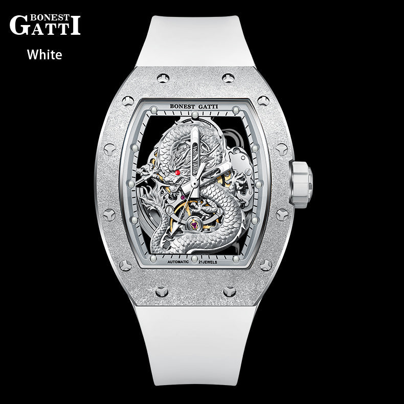 BONEST GATTI Tonneau Shaped Dragon theme frosted gold finishing Case Men's Automatic Mechanical Watch Luminous GB5003 - Top G Watches