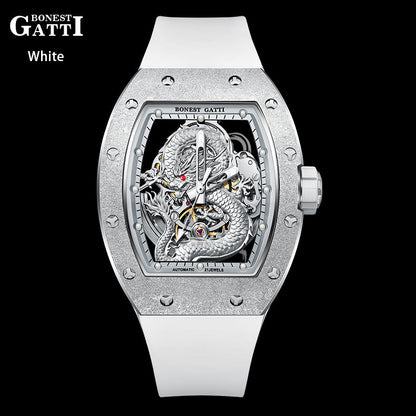 BONEST GATTI Tonneau Shaped Dragon theme frosted gold finishing Case Men's Automatic Mechanical Watch Luminous GB5003 - Top G Watches