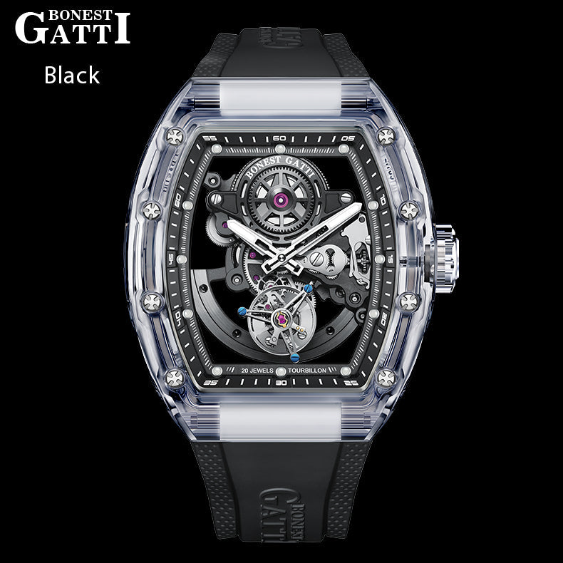 BONEST GATTI Tourbillon K9 Crystal Transparent Case Tonneau watch Skeleton Movement  Watch Fluororubber Strap BG7001 - Top G Watches