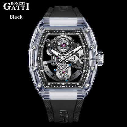 BONEST GATTI Tourbillon K9 Crystal Transparent Case Tonneau watch Skeleton Movement  Watch Fluororubber Strap BG7001 - Top G Watches