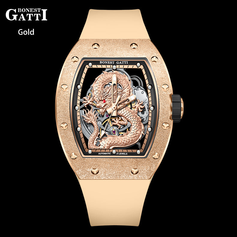 BONEST GATTI Tonneau Shaped Dragon theme frosted gold finishing Case Men's Automatic Mechanical Watch Luminous GB5003 - Top G Watches