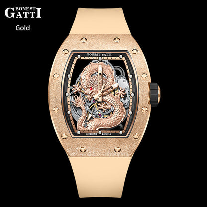 BONEST GATTI Tonneau Shaped Dragon theme frosted gold finishing Case Men's Automatic Mechanical Watch Luminous GB5003 - Top G Watches