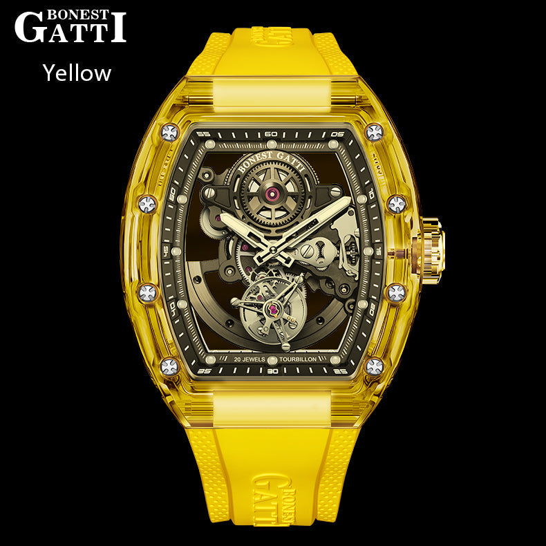 BONEST GATTI Tourbillon K9 Crystal Transparent Case Tonneau watch Skeleton Movement  Watch Fluororubber Strap BG7001 - Top G Watches