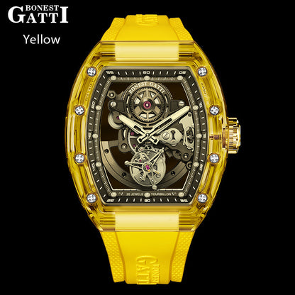 BONEST GATTI Tourbillon K9 Crystal Transparent Case Tonneau watch Skeleton Movement  Watch Fluororubber Strap BG7001 - Top G Watches