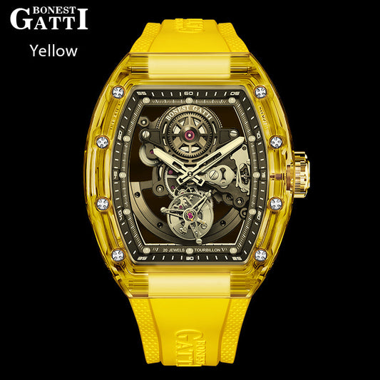 BONEST GATTI Tourbillon K9 Crystal Transparent Case Tonneau watch Skeleton Movement  Watch Fluororubber Strap BG7001 - Top G Watches