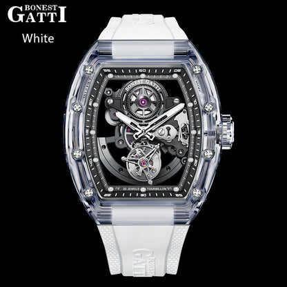 BONEST GATTI Tourbillon K9 Crystal Transparent Case Tonneau watch Skeleton Movement  Watch Fluororubber Strap BG7001 - Top G Watches