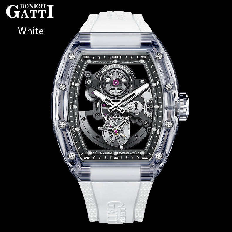 BONEST GATTI Tourbillon K9 Crystal Transparent Case Tonneau watch Skeleton Movement  Watch Fluororubber Strap BG7001 - Top G Watches