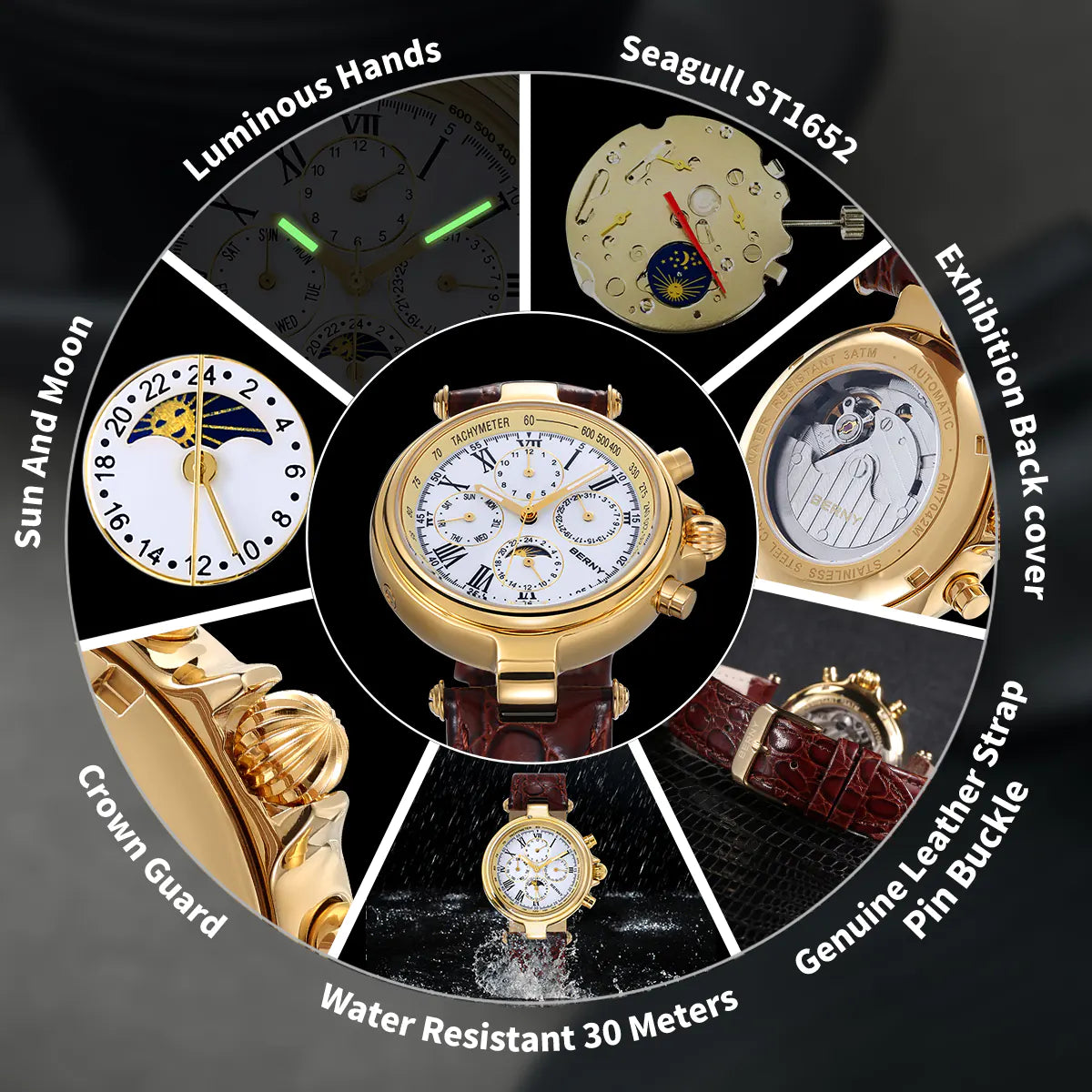 BERNY AM7042M Automatic Full Calendar Dress Watch – Roman Numerals - Top G Watches