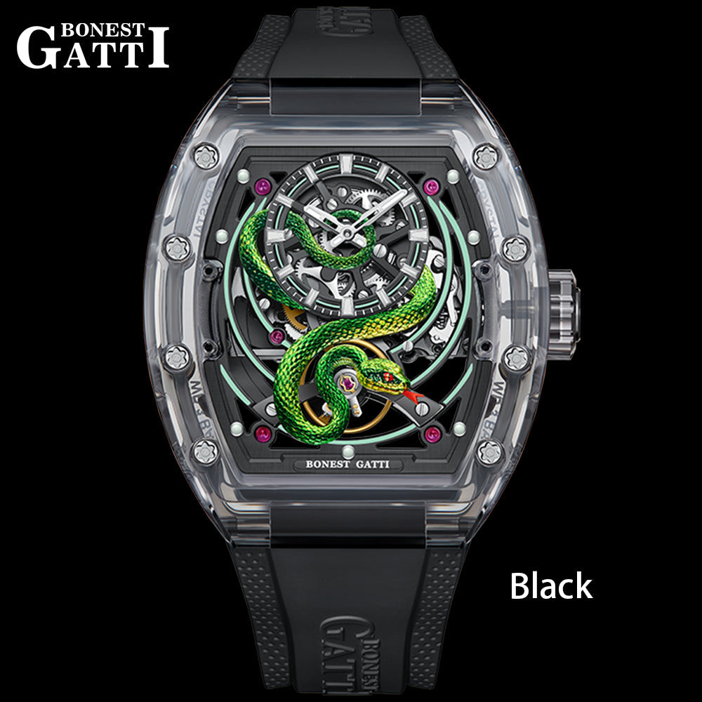 Bonest Gatti BG6004 Transparent Emerald Snake Dial – Skeleton Tonneau Watch - Top G Watches