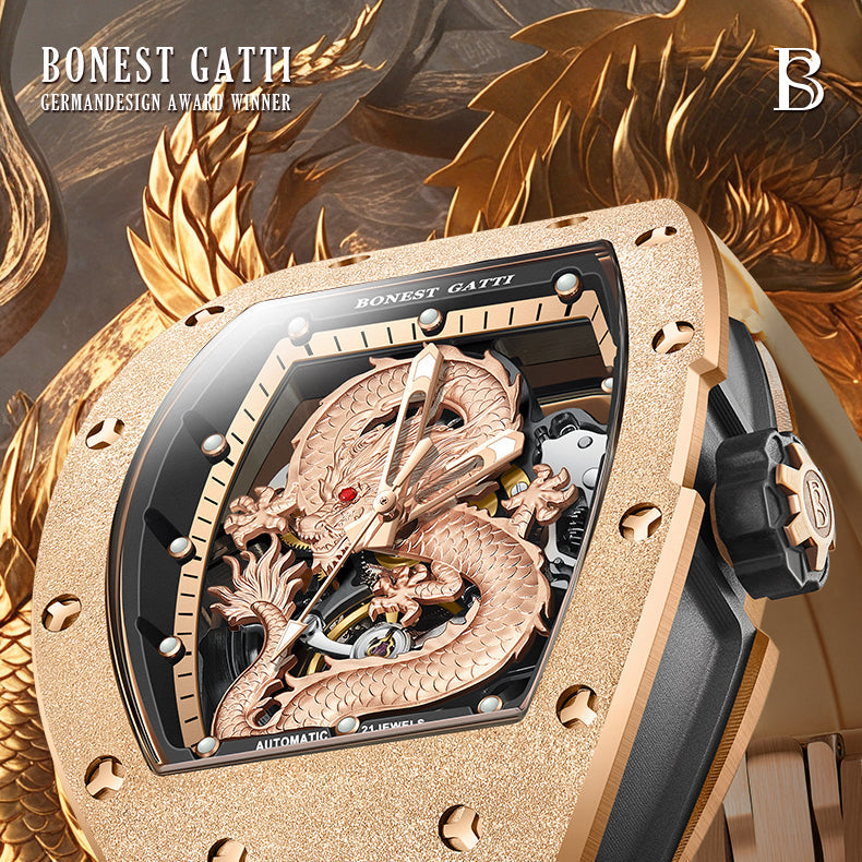 BONEST GATTI Tonneau Shaped Dragon theme frosted gold finishing Case Men's Automatic Mechanical Watch Luminous GB5003 - Top G Watches