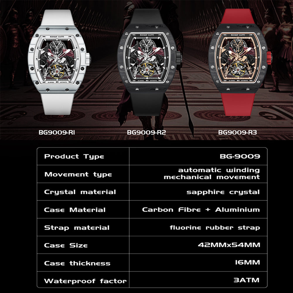 BONEST GATTI Automatic Tonneau Watch Spartan Warrior Series Carbon Fiber Skeleton Self Wind Movement Sapphire Crystal Luminous Watch BG9009 - Top G Watches