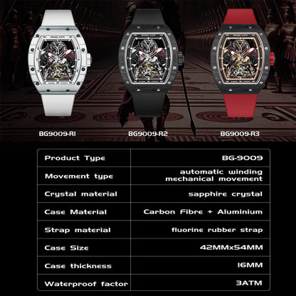 BONEST GATTI Automatic Tonneau Watch Spartan Warrior Series Carbon Fiber Skeleton Self Wind Movement Sapphire Crystal Luminous Watch BG9009 - Top G Watches
