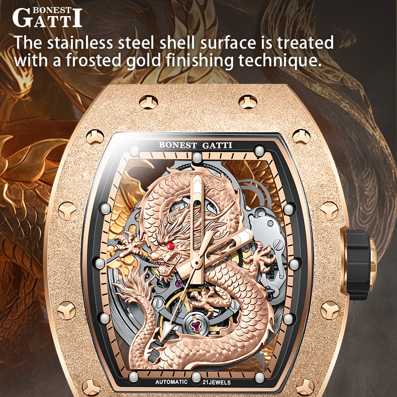BONEST GATTI Tonneau Shaped Dragon theme frosted gold finishing Case Men's Automatic Mechanical Watch Luminous GB5003 - Top G Watches