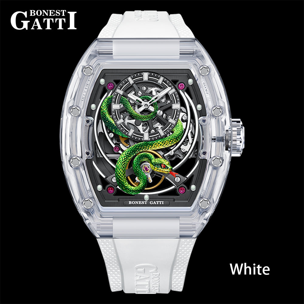Bonest Gatti BG6004 Transparent Emerald Snake Dial – Skeleton Tonneau Watch - Top G Watches