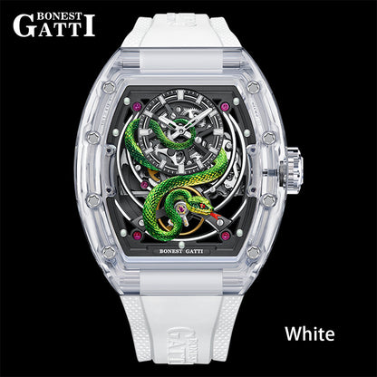 Bonest Gatti BG6004 Transparent Emerald Snake Dial – Skeleton Tonneau Watch - Top G Watches