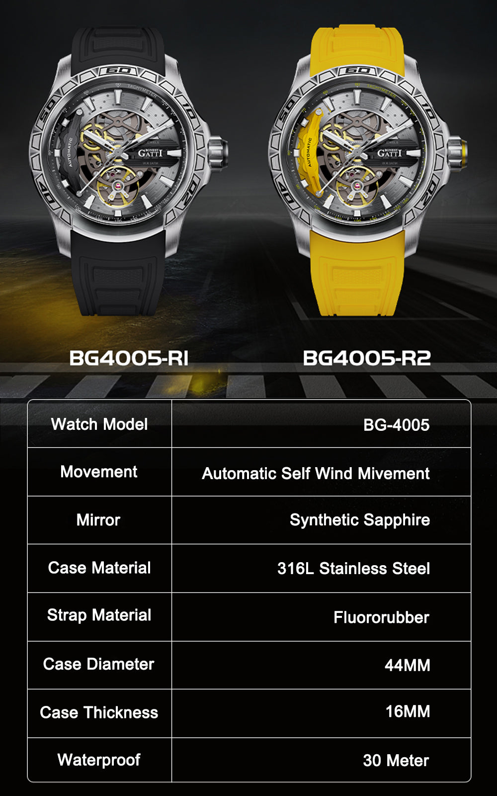 BONEST GATTI BG4005 Skeleton Automatic Men's Sports Watch