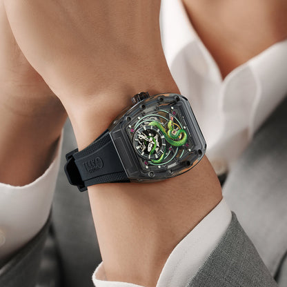 Bonest Gatti BG6004 Transparent Emerald Snake Dial – Skeleton Tonneau Watch - Top G Watches