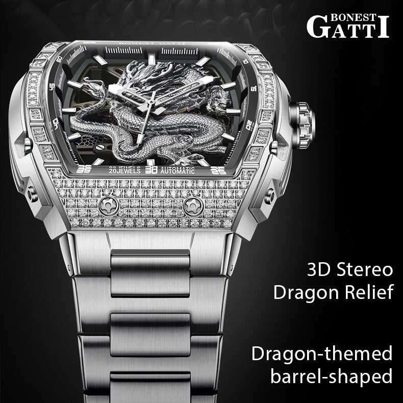 Bonest Gatti Barrel Dragon BG5605S – Steel Bracelet Automatic with Zircon Bezel - Top G Watches