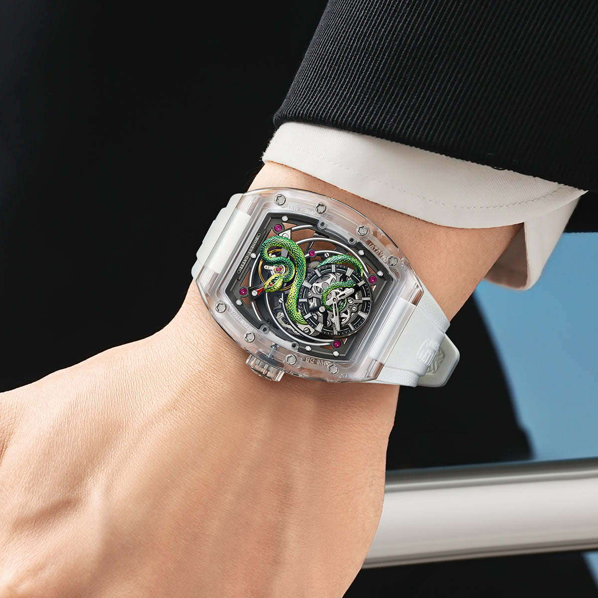 Bonest Gatti BG6004 Transparent Emerald Snake Dial – Skeleton Tonneau Watch - Top G Watches