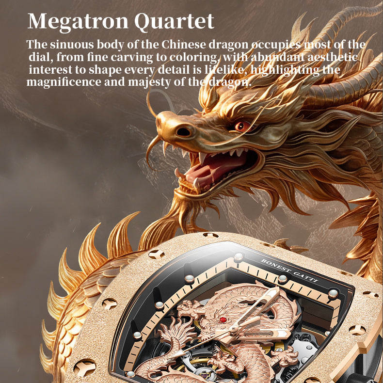 BONEST GATTI Tonneau Shaped Dragon theme frosted gold finishing Case Men's Automatic Mechanical Watch Luminous GB5003 - Top G Watches