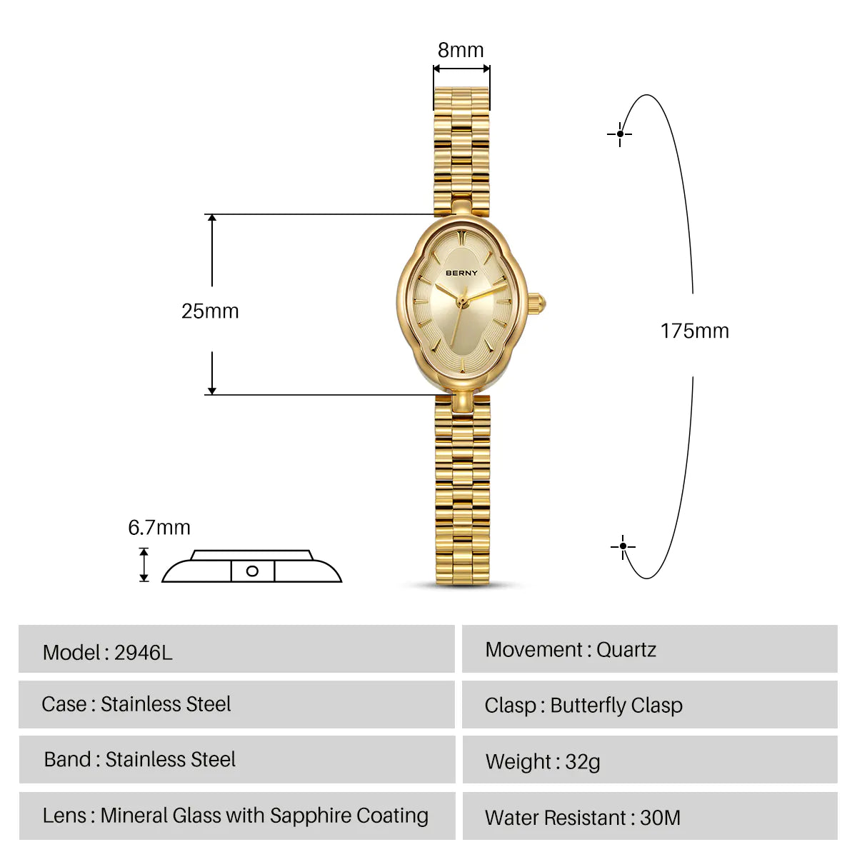 BERNY 2946L Women's Mini Gold Quartz Dress Watch - Top G Watches