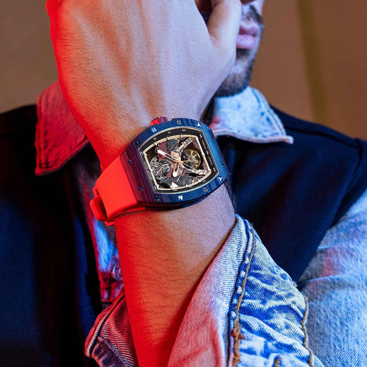 BONEST GATTI Automatic Tonneau Watch Spartan Warrior Series Carbon Fiber Skeleton Self Wind Movement Sapphire Crystal Luminous Watch BG9009 - Top G Watches