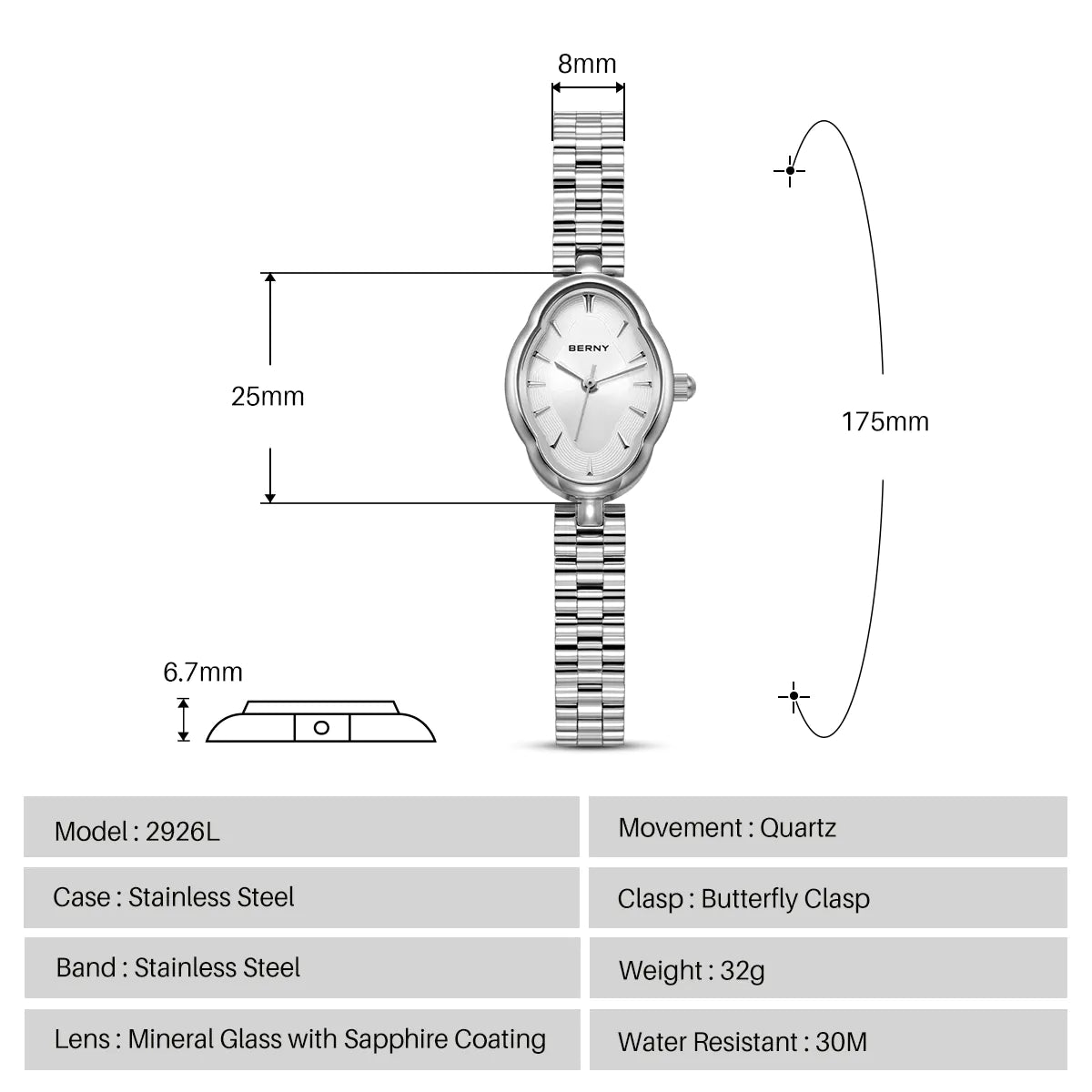 BERNY 2926L Women's Mini Silver Quartz Dress Watch - Top G Watches
