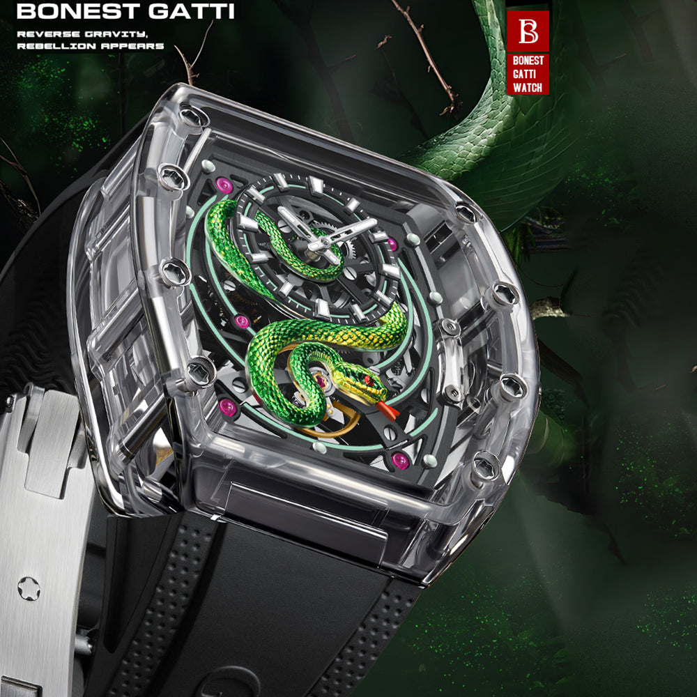 Bonest Gatti BG6004 Transparent Emerald Snake Dial – Skeleton Tonneau Watch - Top G Watches