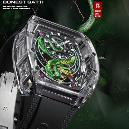 Bonest Gatti BG6004 Transparent Emerald Snake Dial – Skeleton Tonneau Watch - Top G Watches