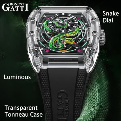 Bonest Gatti BG6004 Transparent Emerald Snake Dial – Skeleton Tonneau Watch - Top G Watches