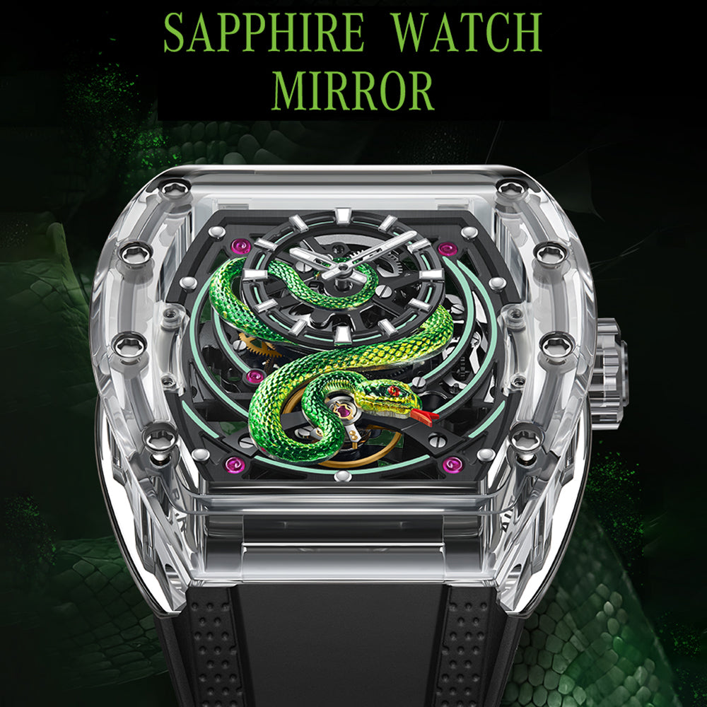 Bonest Gatti BG6004 Transparent Emerald Snake Dial – Skeleton Tonneau Watch - Top G Watches