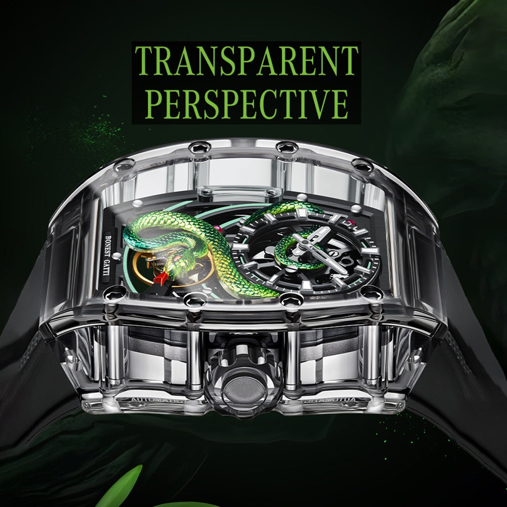 Bonest Gatti BG6004 Transparent Emerald Snake Dial – Skeleton Tonneau Watch - Top G Watches