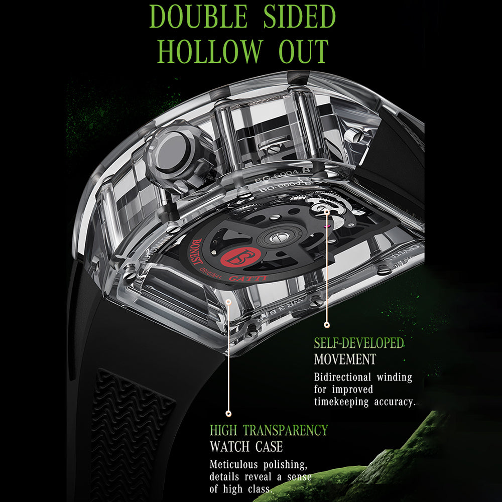 Bonest Gatti BG6004 Transparent Emerald Snake Dial – Skeleton Tonneau Watch - Top G Watches