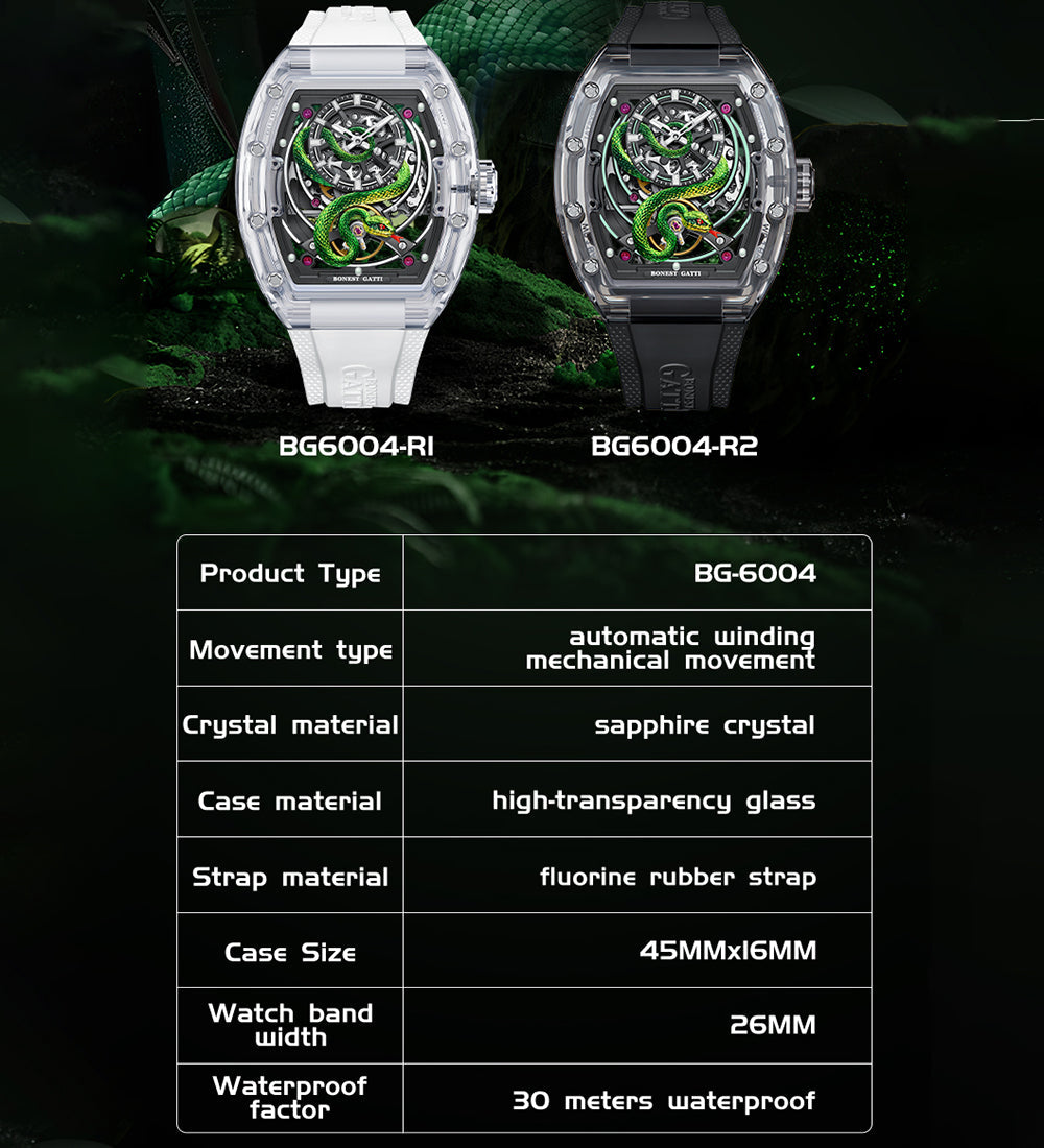 Bonest Gatti BG6004 Transparent Emerald Snake Dial – Skeleton Tonneau Watch - Top G Watches
