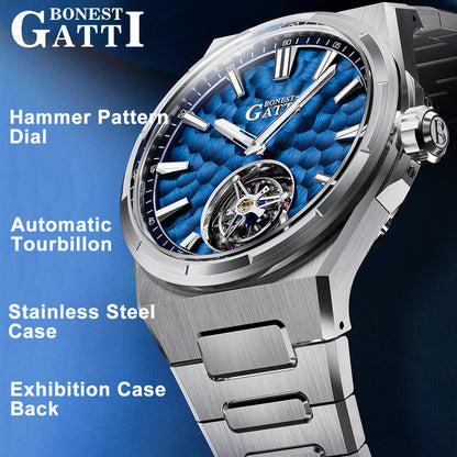 BONEST GATTI Hammer Pattern Automatic Tourbillon Watch Self Wind 80H Power Reserve Sapphire Crystal Luminous Watch BG7005 - Top G Watches
