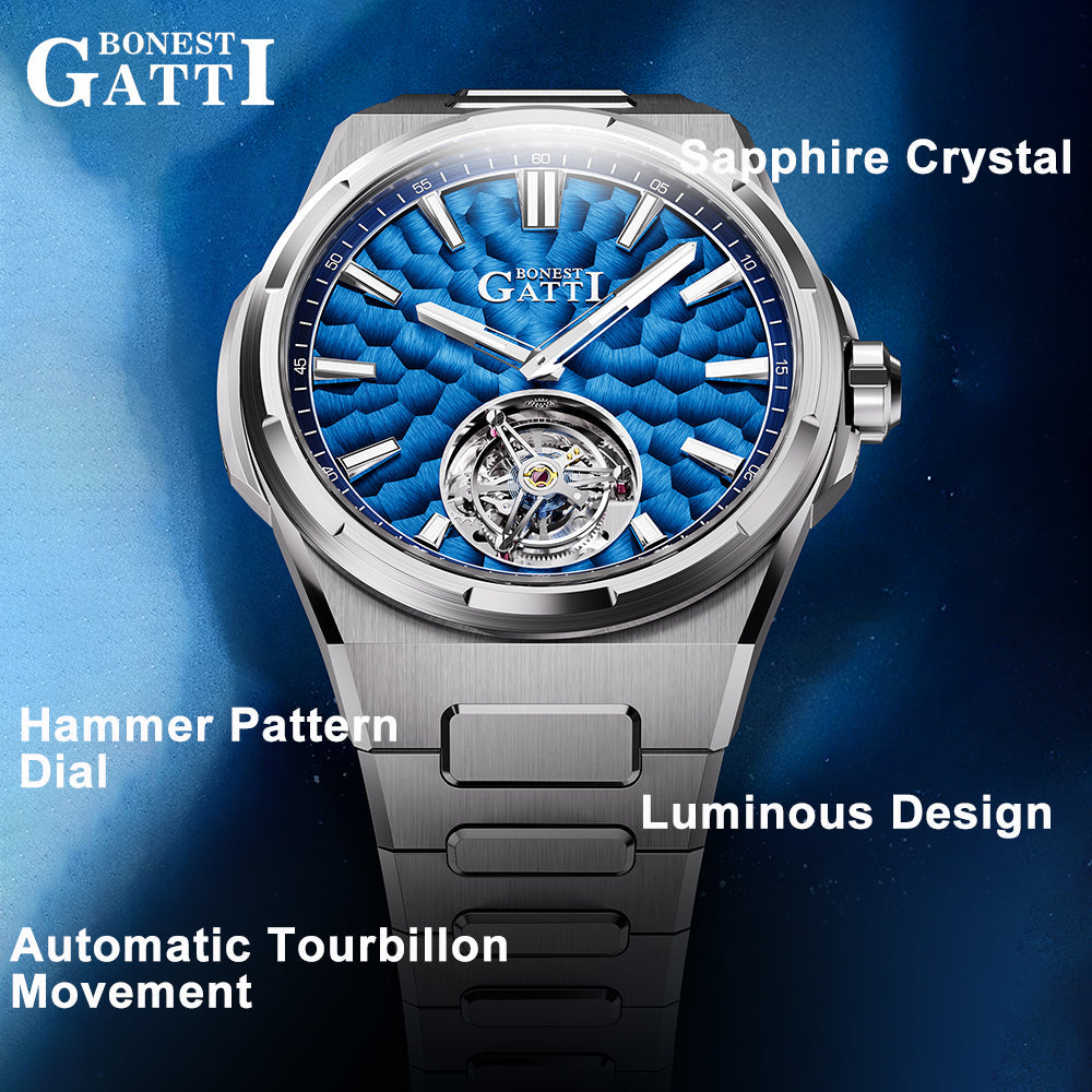 BONEST GATTI Hammer Pattern Automatic Tourbillon Watch Self Wind 80H Power Reserve Sapphire Crystal Luminous Watch BG7005 - Top G Watches