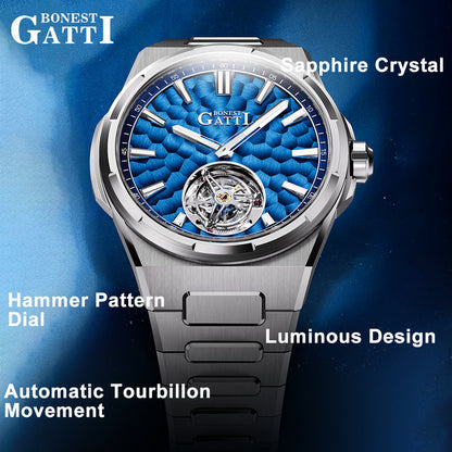 BONEST GATTI Hammer Pattern Automatic Tourbillon Watch Self Wind 80H Power Reserve Sapphire Crystal Luminous Watch BG7005 - Top G Watches