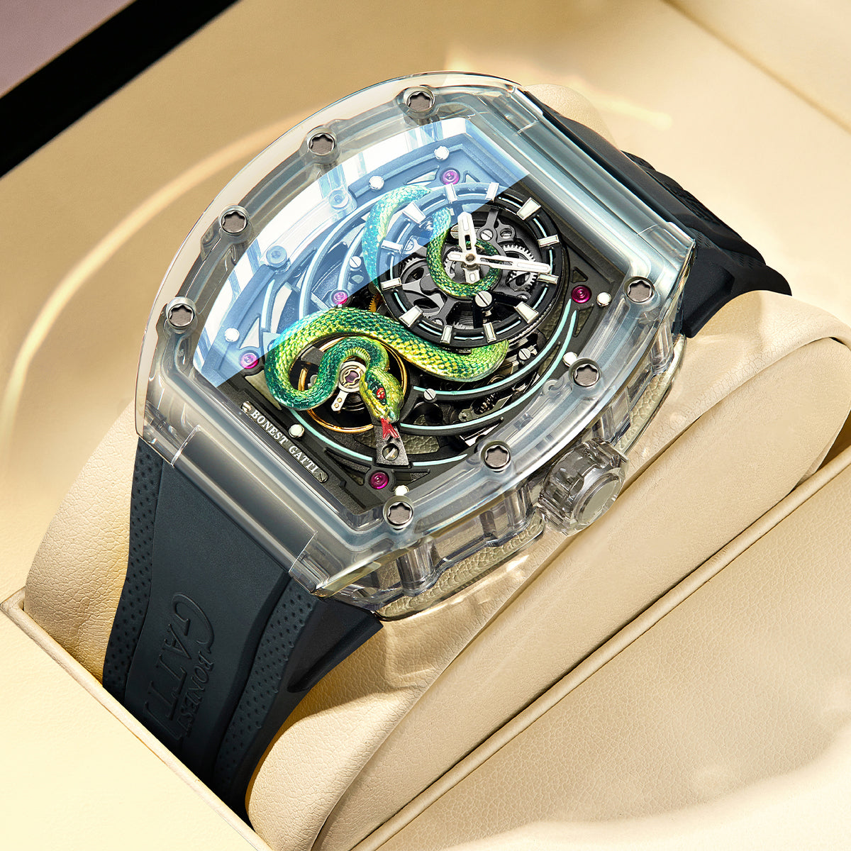 Bonest Gatti BG6004 Transparent Emerald Snake Dial – Skeleton Tonneau Watch - Top G Watches