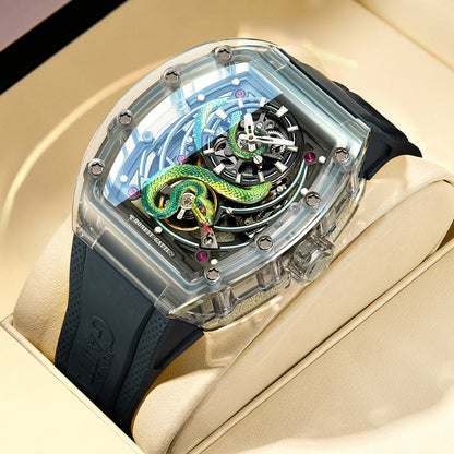 Bonest Gatti BG6004 Transparent Emerald Snake Dial – Skeleton Tonneau Watch - Top G Watches