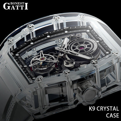 BONEST GATTI Tourbillon K9 Crystal Transparent Case Tonneau watch Skeleton Movement  Watch Fluororubber Strap BG7001 - Top G Watches