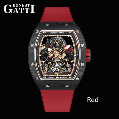 BONEST GATTI Automatic Tonneau Watch Spartan Warrior Series Carbon Fiber Skeleton Self Wind Movement Sapphire Crystal Luminous Watch BG9009 - Top G Watches