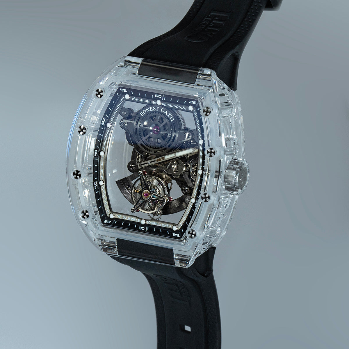 BONEST GATTI Tourbillon K9 Crystal Transparent Case Tonneau watch Skeleton Movement  Watch Fluororubber Strap BG7001 - Top G Watches