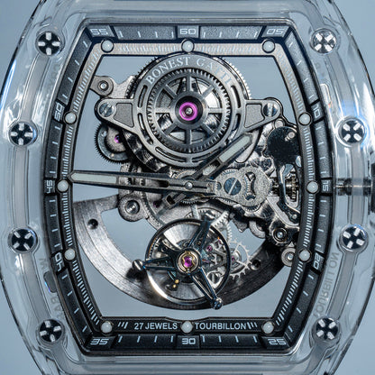 BONEST GATTI Tourbillon K9 Crystal Transparent Case Tonneau watch Skeleton Movement  Watch Fluororubber Strap BG7001 - Top G Watches