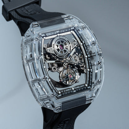 BONEST GATTI Tourbillon K9 Crystal Transparent Case Tonneau watch Skeleton Movement  Watch Fluororubber Strap BG7001 - Top G Watches