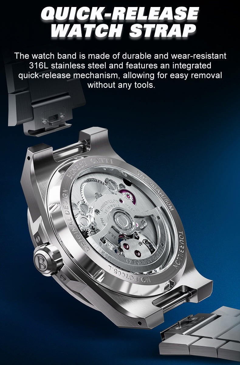 BONEST GATTI Hammer Pattern Automatic Tourbillon Watch Self Wind 80H Power Reserve Sapphire Crystal Luminous Watch BG7005 - Top G Watches