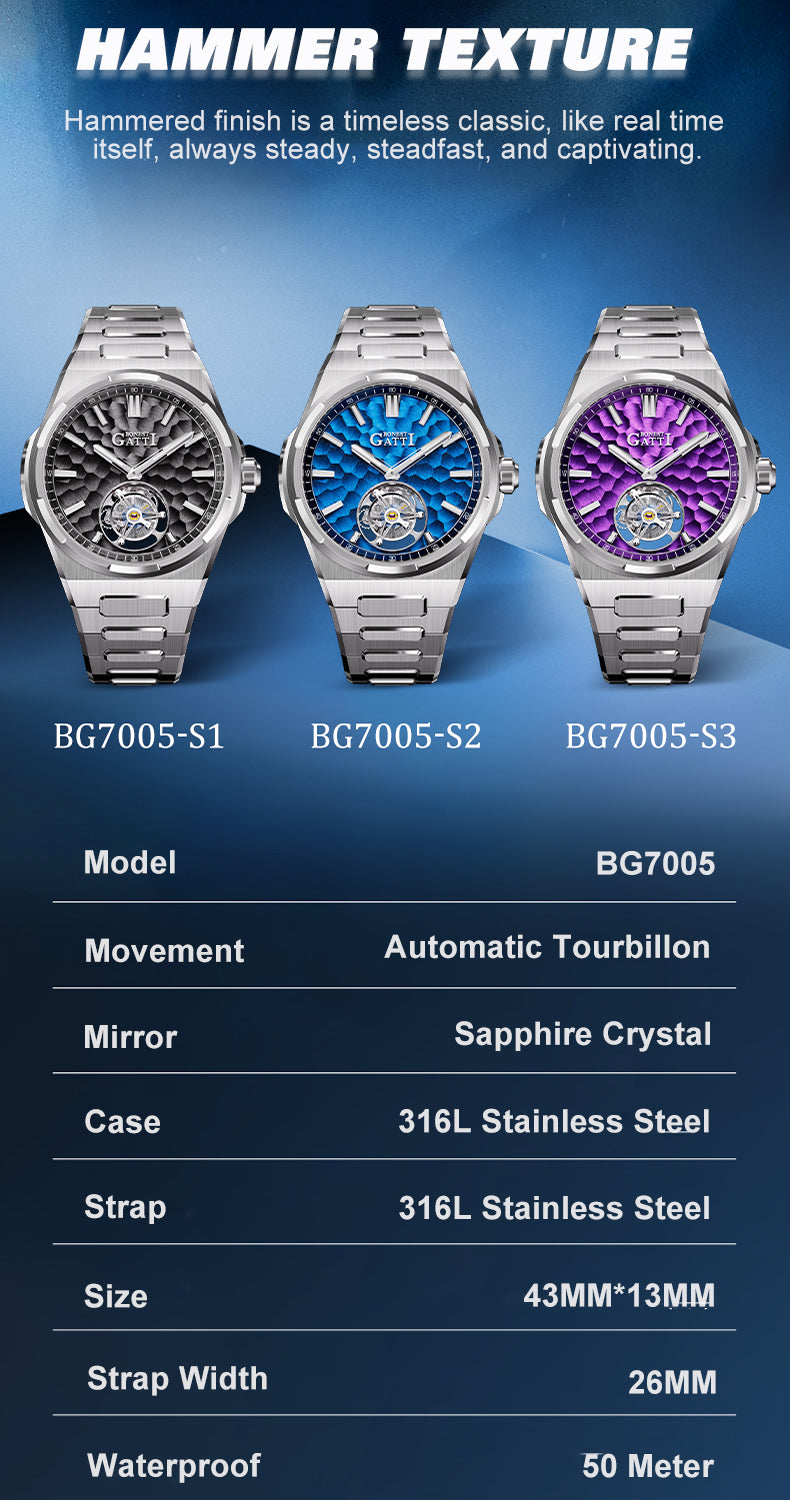 BONEST GATTI Hammer Pattern Automatic Tourbillon Watch Self Wind 80H Power Reserve Sapphire Crystal Luminous Watch BG7005 - Top G Watches