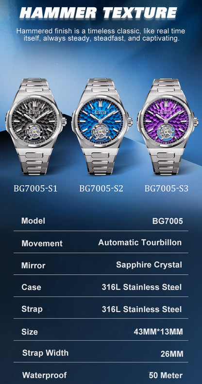 BONEST GATTI Hammer Pattern Automatic Tourbillon Watch Self Wind 80H Power Reserve Sapphire Crystal Luminous Watch BG7005 - Top G Watches